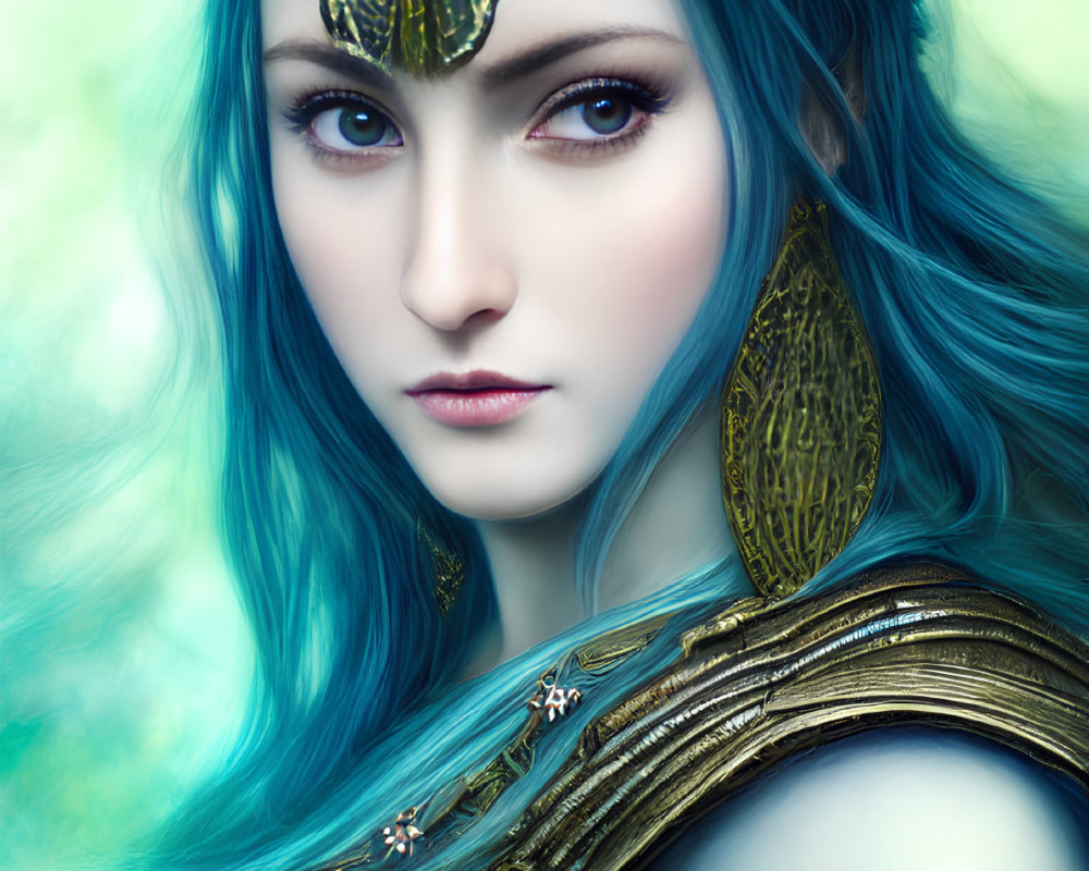 Digital artwork of female figure in blue hair & golden armor on green backdrop