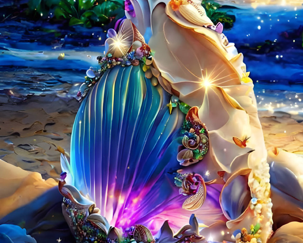 Embellished seashell glowing on beach at sunset with ocean backdrop