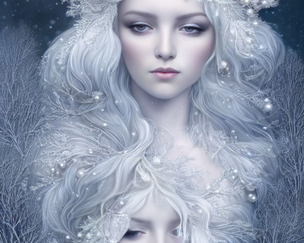 Two pale-skinned women with white hair and floral crowns in a snowy, mystical scene