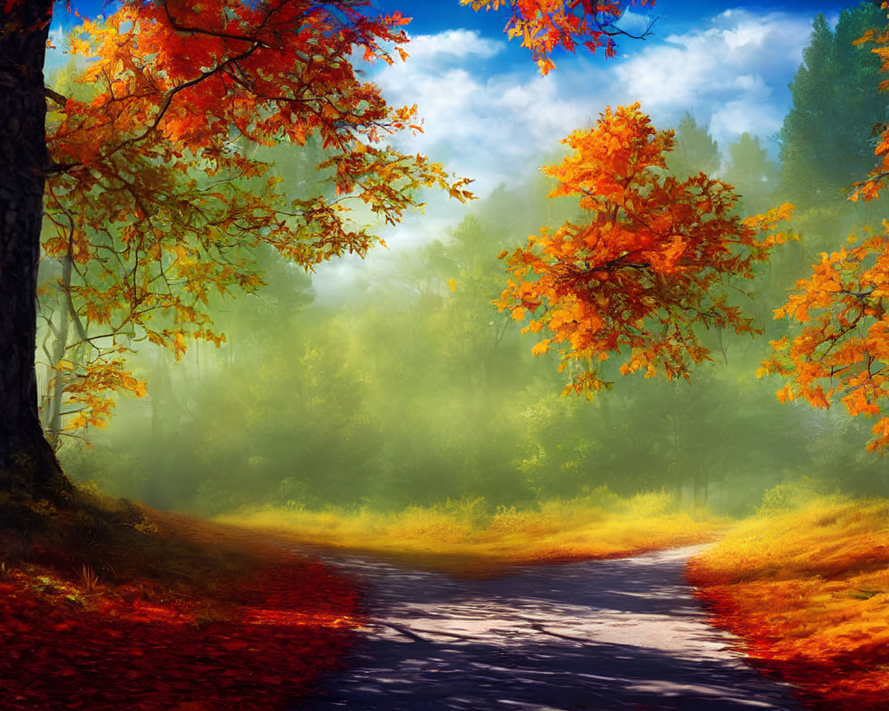 Scenic forest road with vibrant autumn colors and warm light