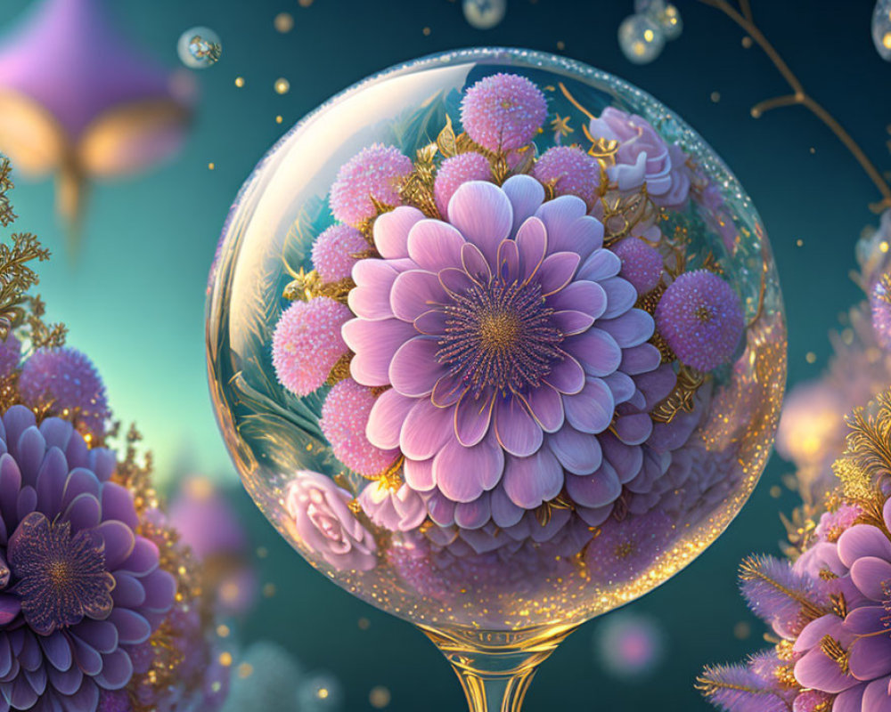 Transparent sphere with lilac flowers in ethereal setting & glowing bubbles