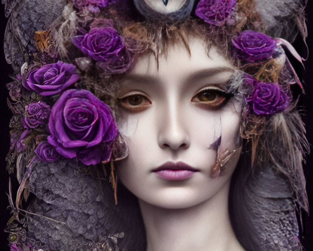 Fantasy portrait of female figure with owl features and roses on purple background