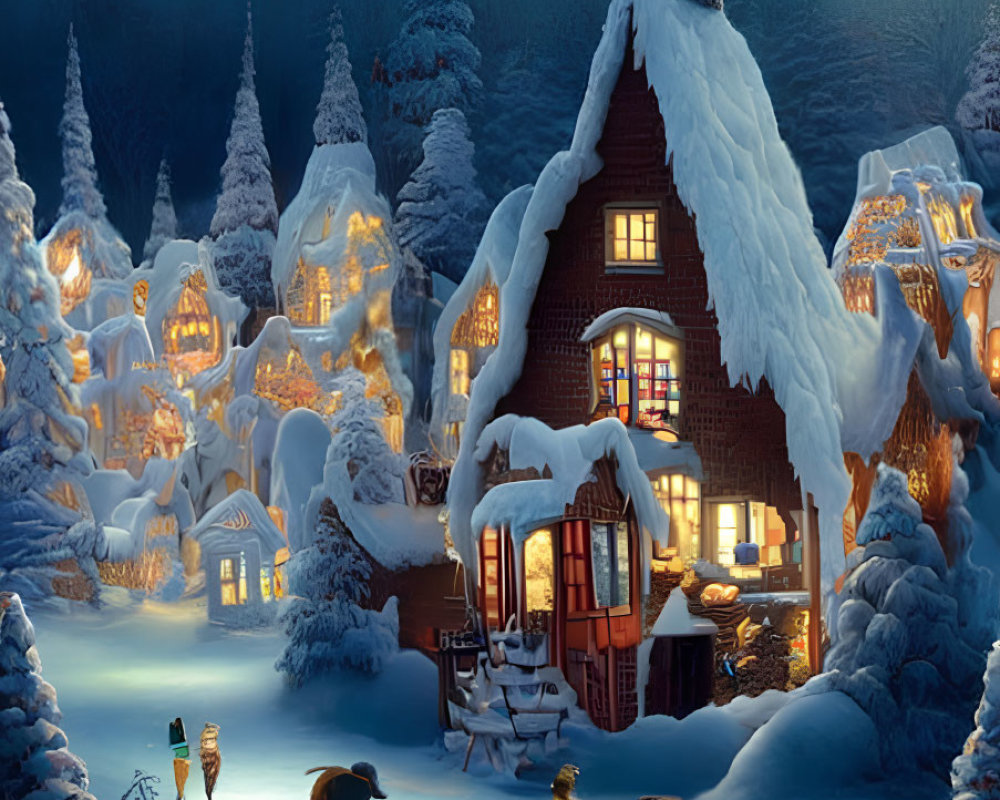 Snow-covered cottages in a charming winter village scene at night