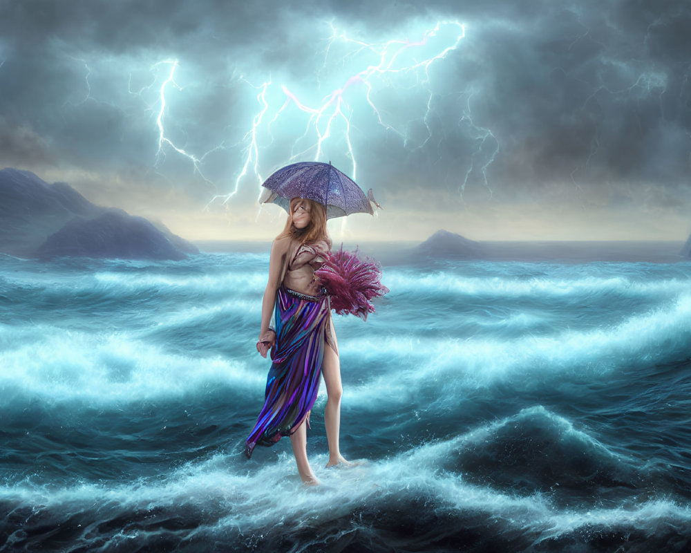 Woman in flowing dress with umbrella in stormy ocean scene