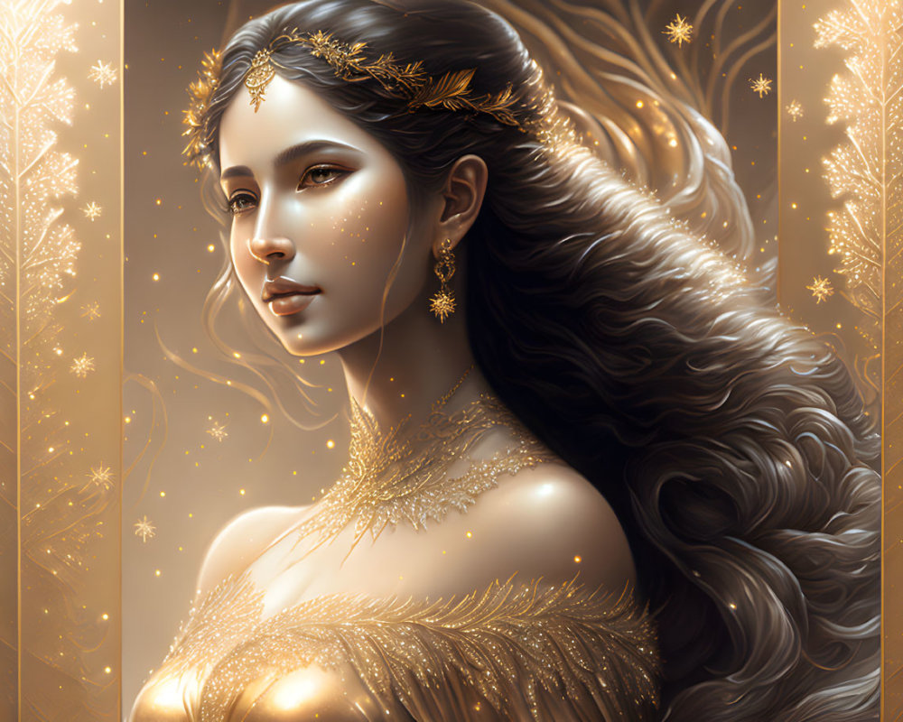 Digital Artwork: Woman with Golden Headpiece and Glowing Patterns