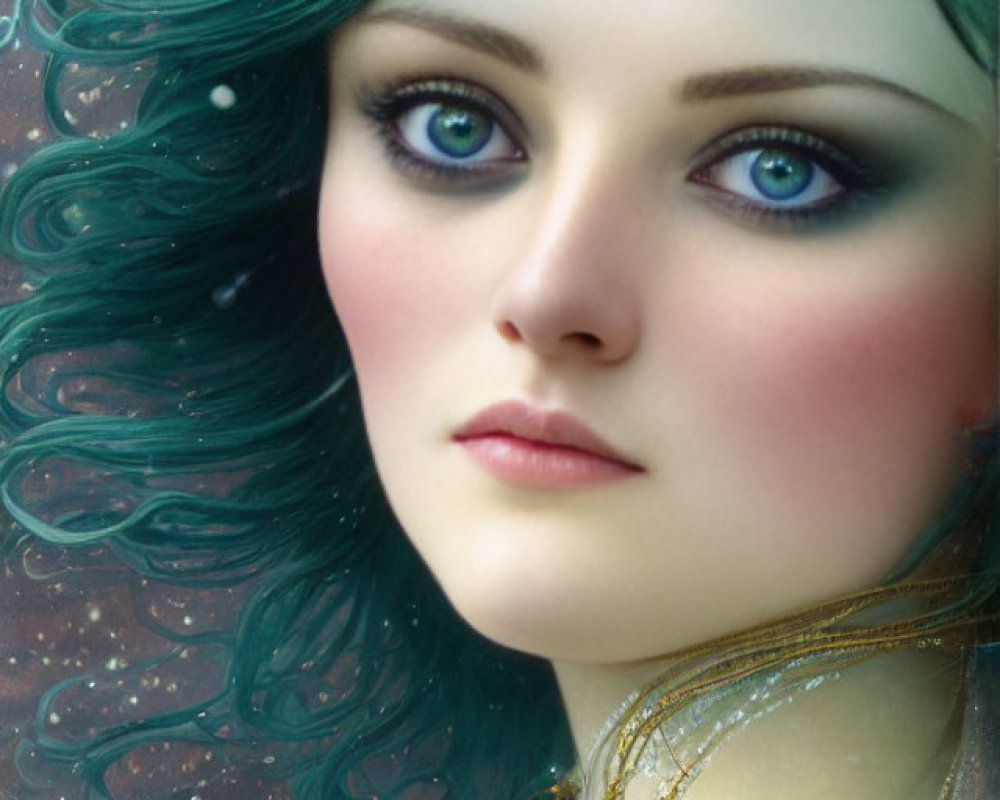 Digital Artwork: Woman with Green Wavy Hair, Purple Eyes, and Gold Jewelry