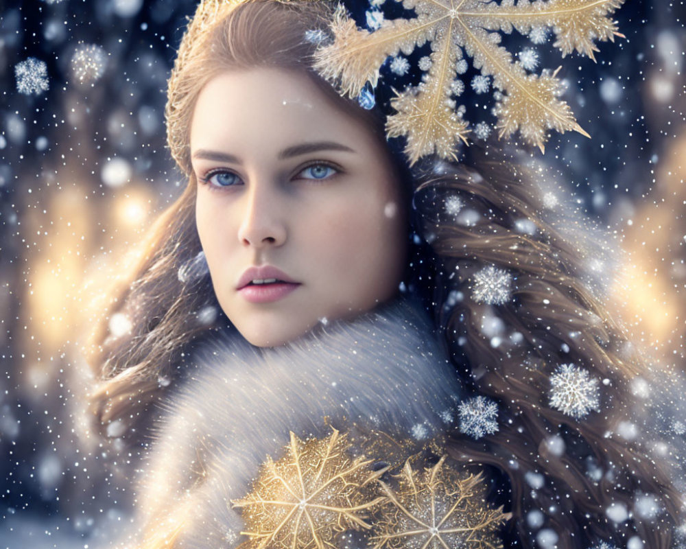 Woman with Blue Eyes and Flowing Hair in Snowfall