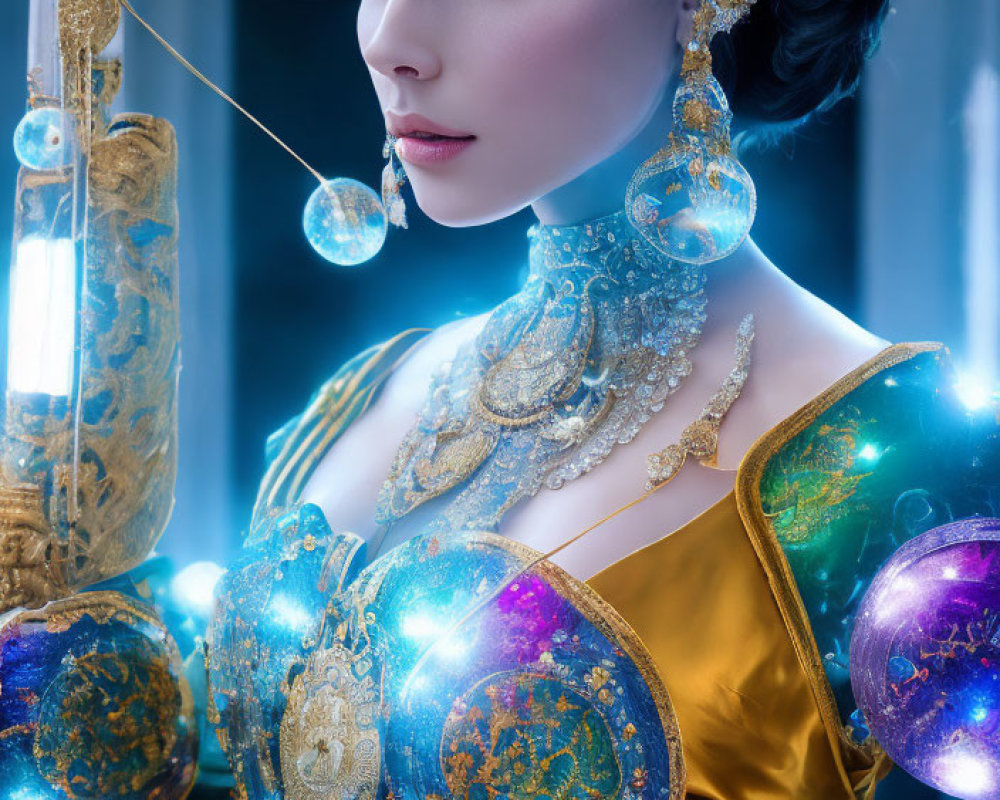 Elaborate Gold and Blue Attire with Glowing Orbs in Regal Setting