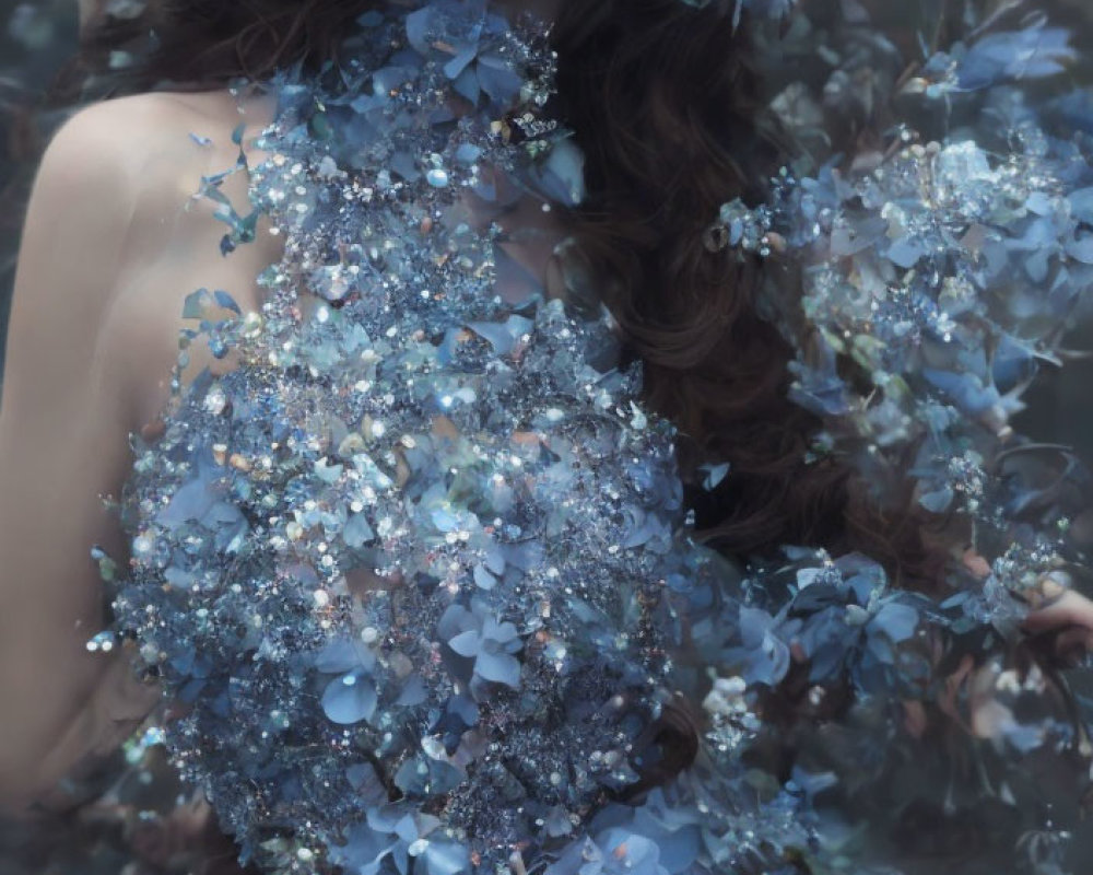 Dark-haired woman in blue floral headpiece and dress posing elegantly outdoors