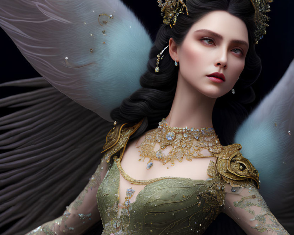 Regal Woman with White Angel Wings and Gold Crown in Green Gown