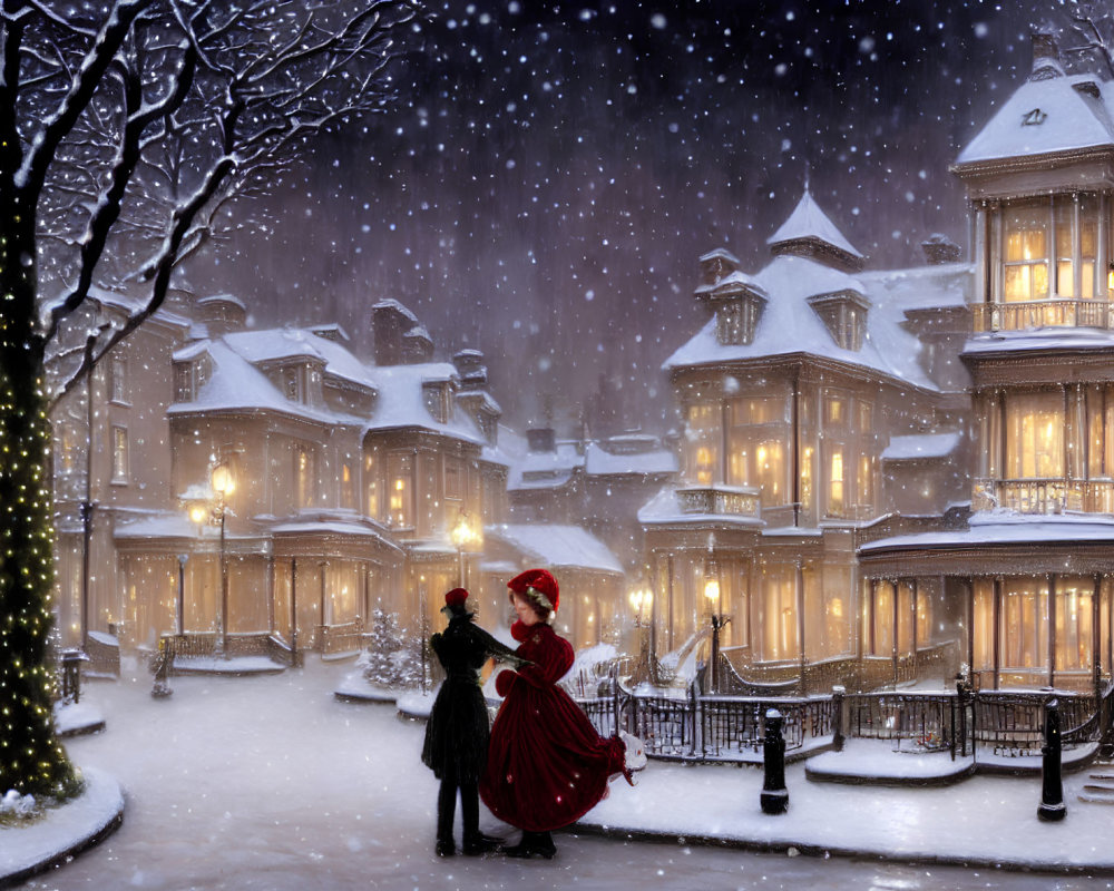 Victorian couple dancing on snow-covered street at night