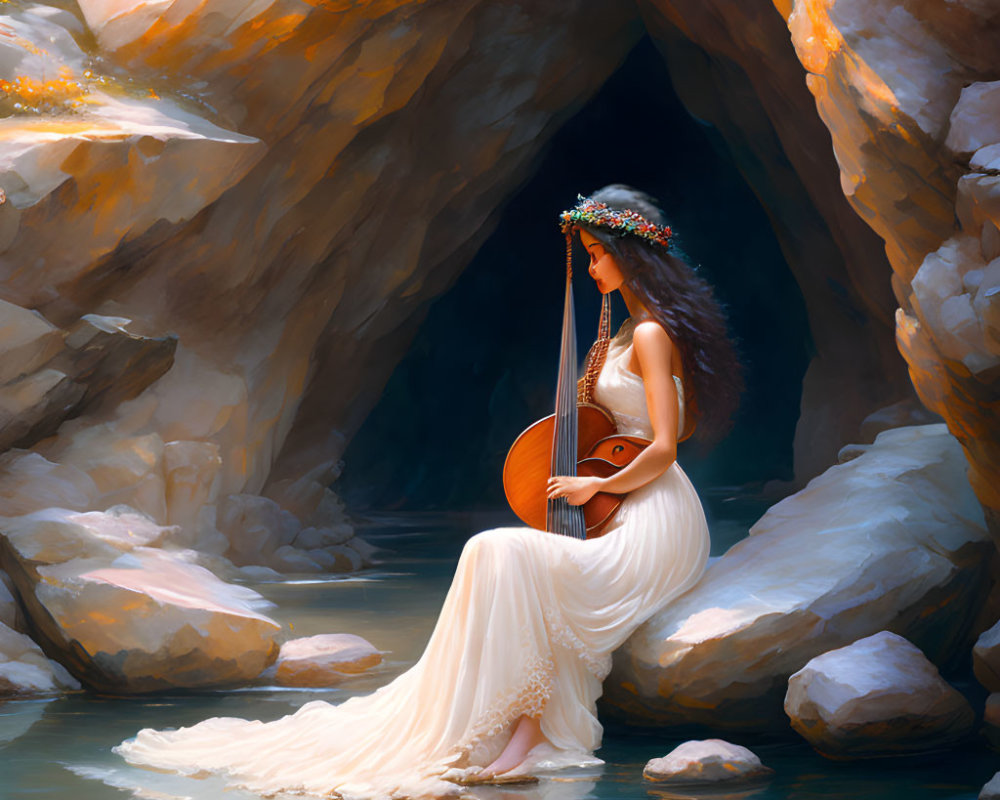 Woman in white dress with floral crown plays lute in sunlit cave