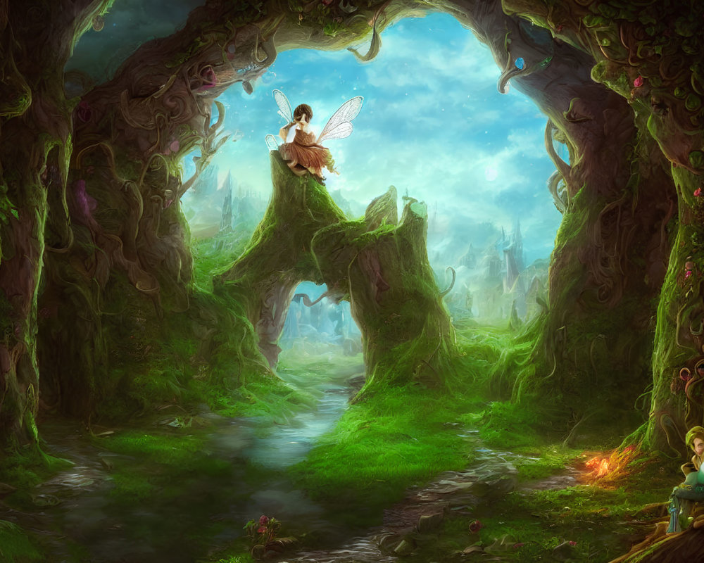 Enchanting forest scene with fairies, swing, stream, ancient trees