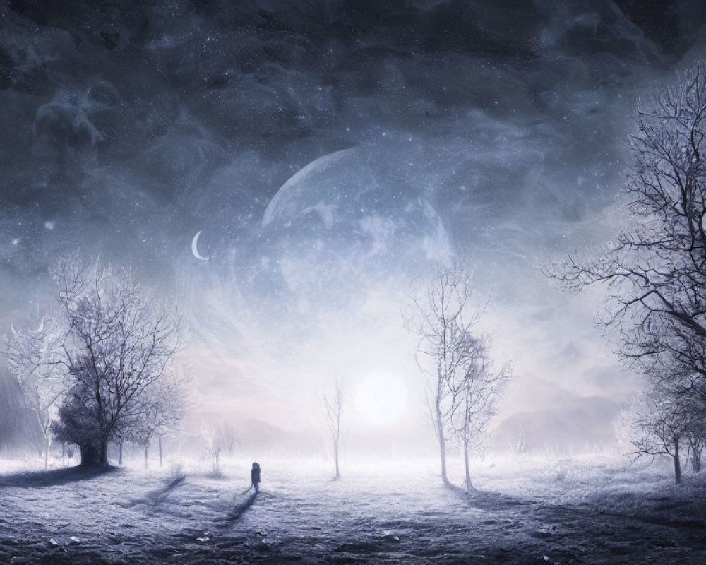 Solitary figure in snowy night landscape under large moon and crescent