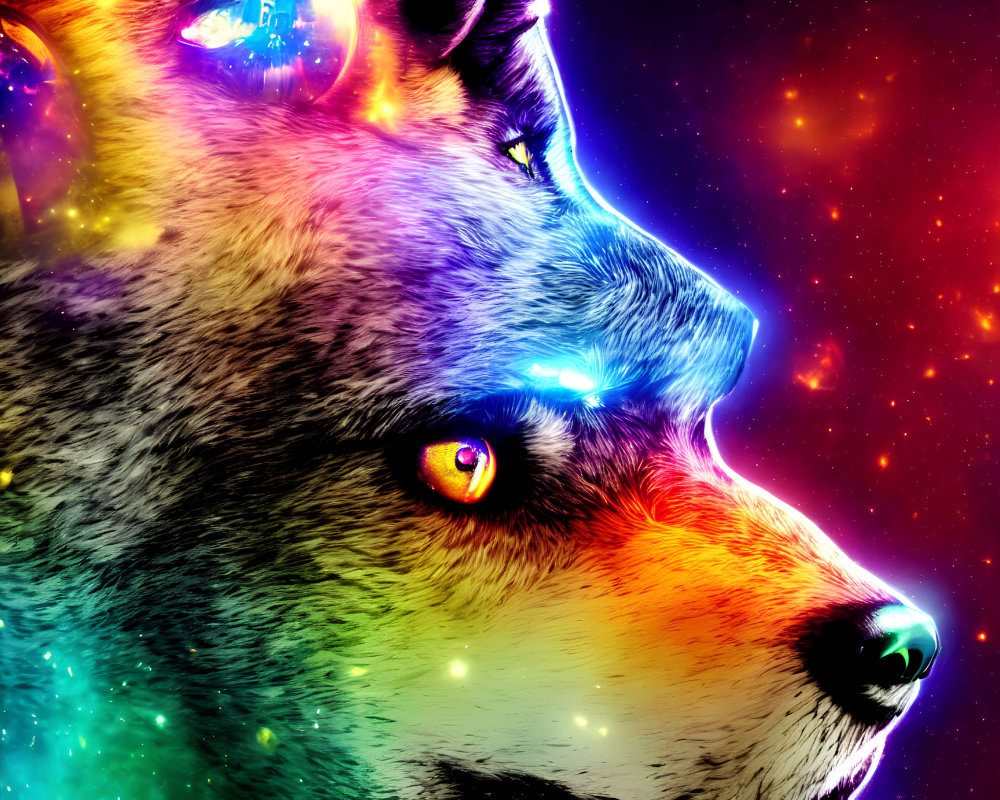 Colorful wolf with cosmic elements in vibrant digital art