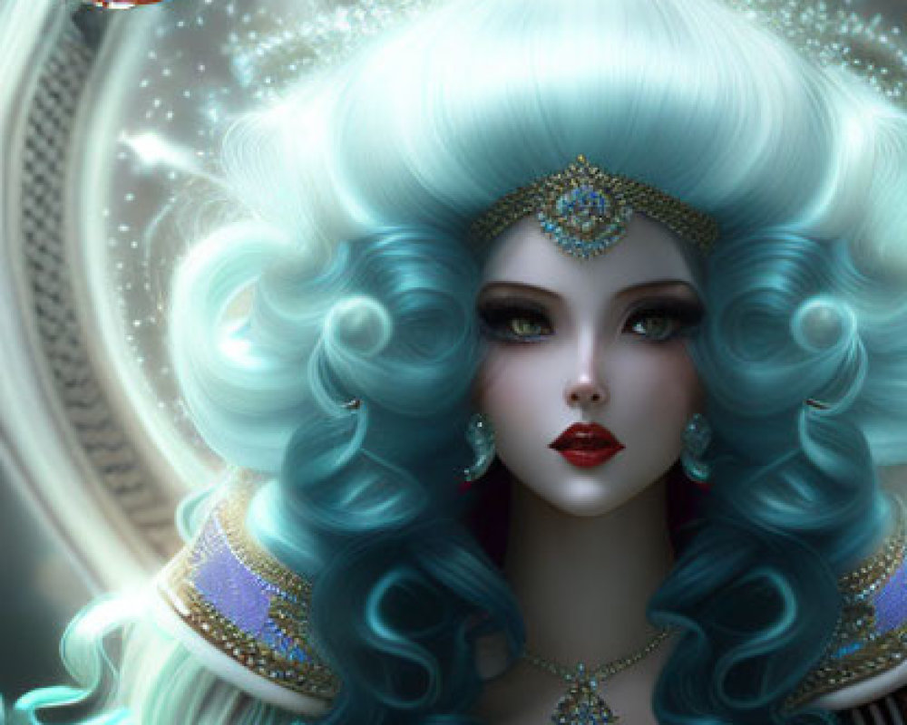 Illustration of woman with aqua hair, gold accessories, red lips.