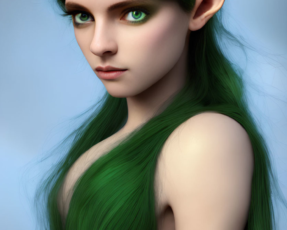 Fantasy portrait of individual with green hair, pointed ears, and green eyes on blue background