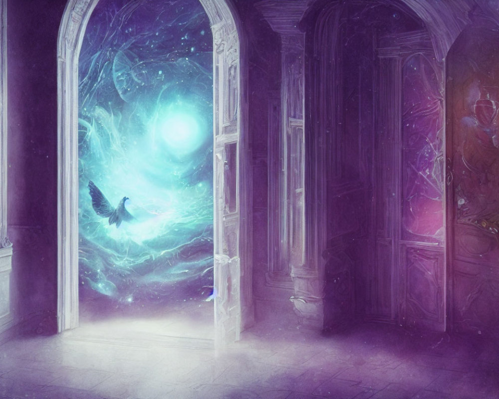 Mystical crow flying towards swirling vortex in grand doorway