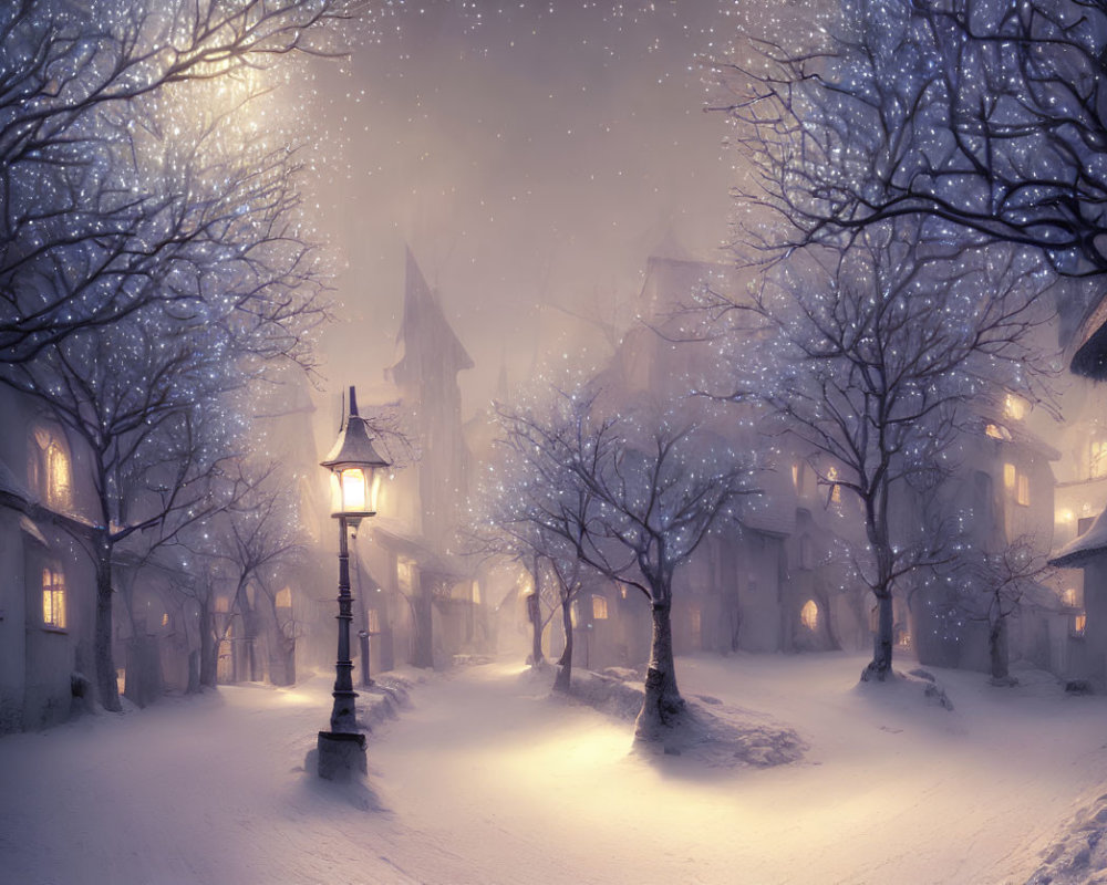 Snow-covered street at dusk with glowing street lamps, bare trees, and quaint houses in serene winter scene