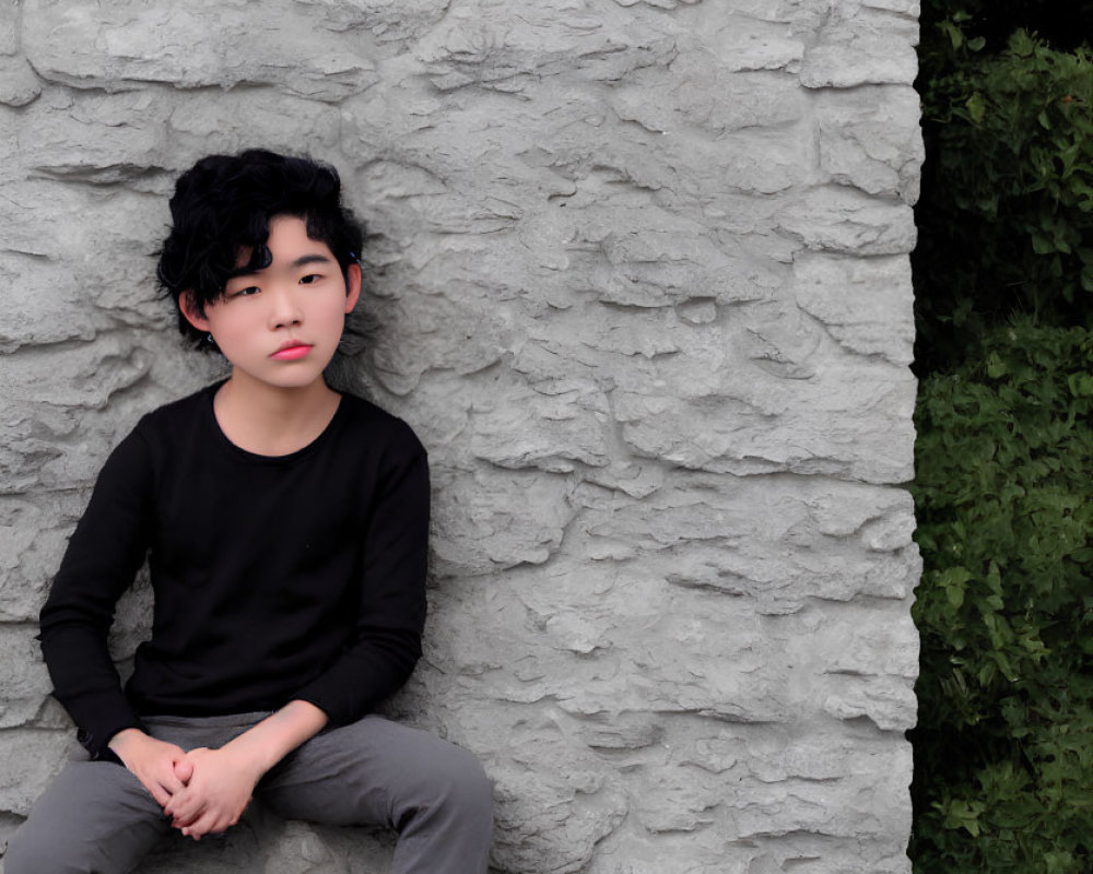 Young person with black hair sitting against textured wall in black top and grey trousers