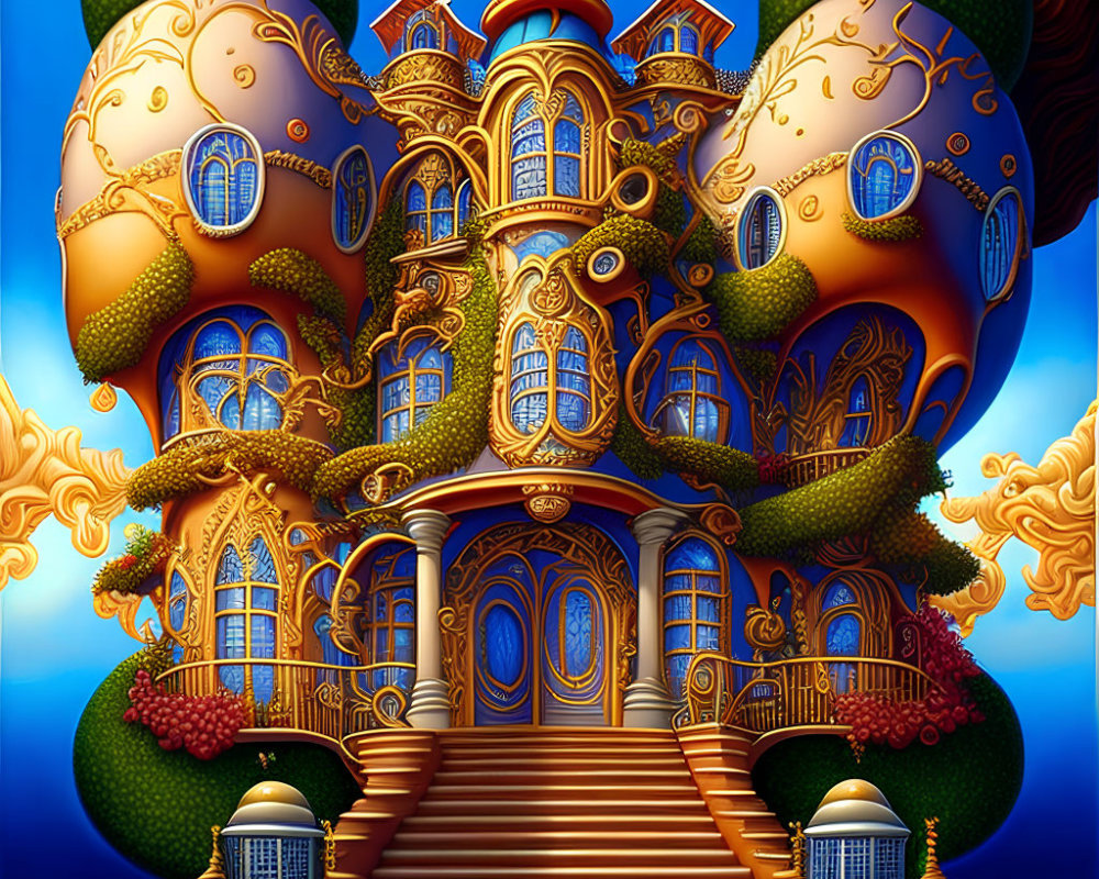 Golden treehouse with bulbous structures & ornate staircases in vivid sky