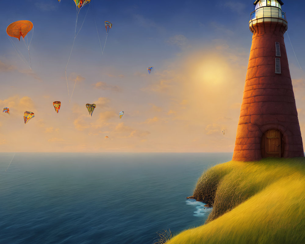 Tranquil sunset landscape with red lighthouse, hot air balloons, and calm sea