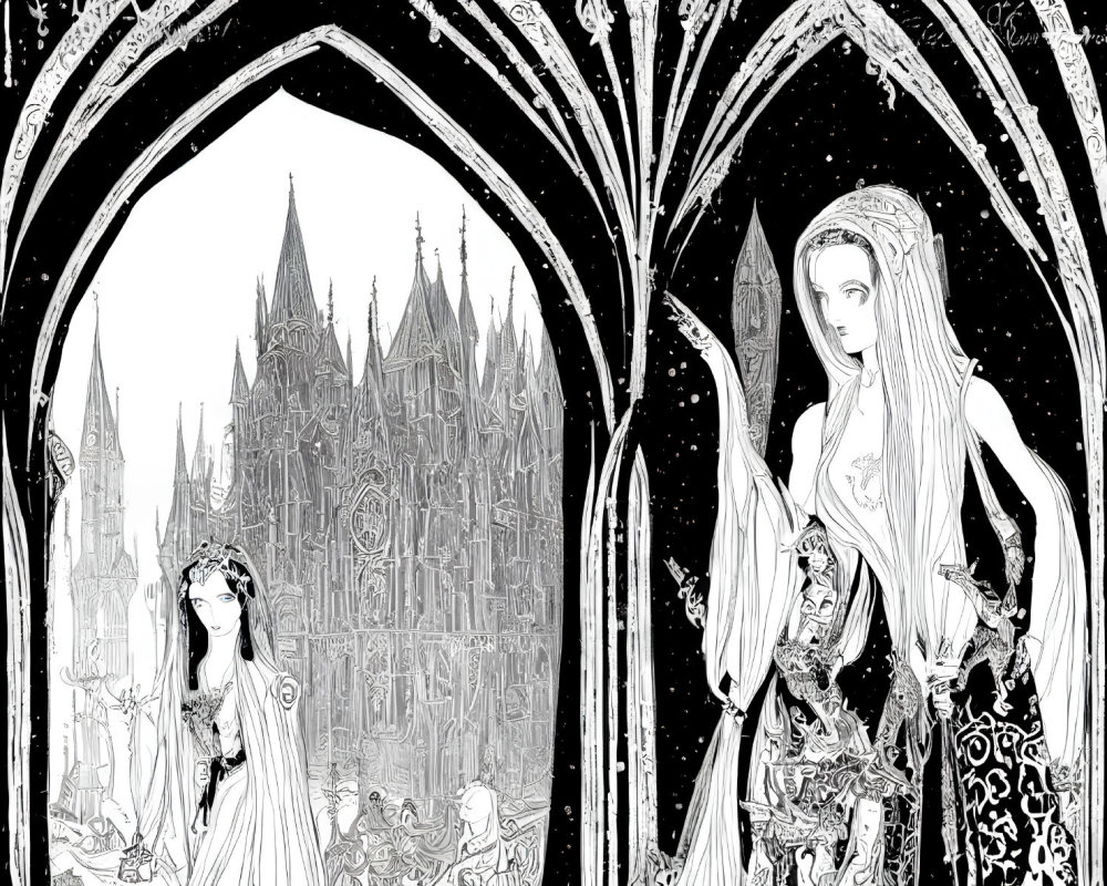 Detailed Black and White Illustration of Ethereal Figures and Gothic Castle