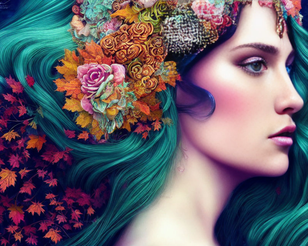 Vibrant Turquoise Hair Woman Portrait with Autumn Foliage Background