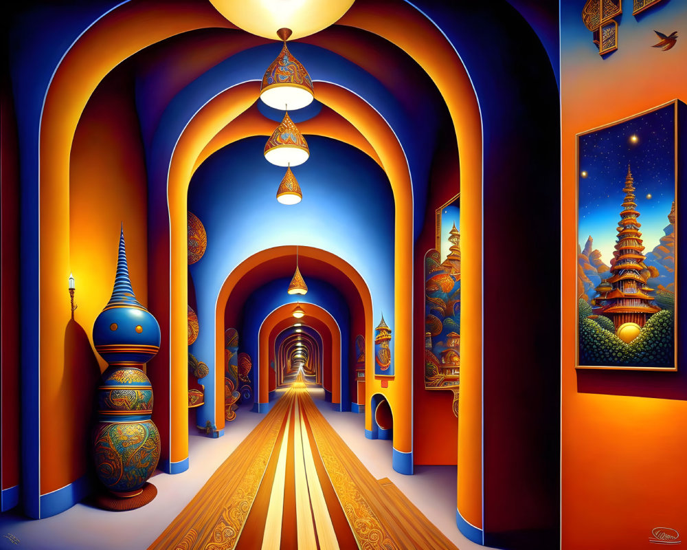 Detailed surreal illustration of ornate hallway with starry night painting