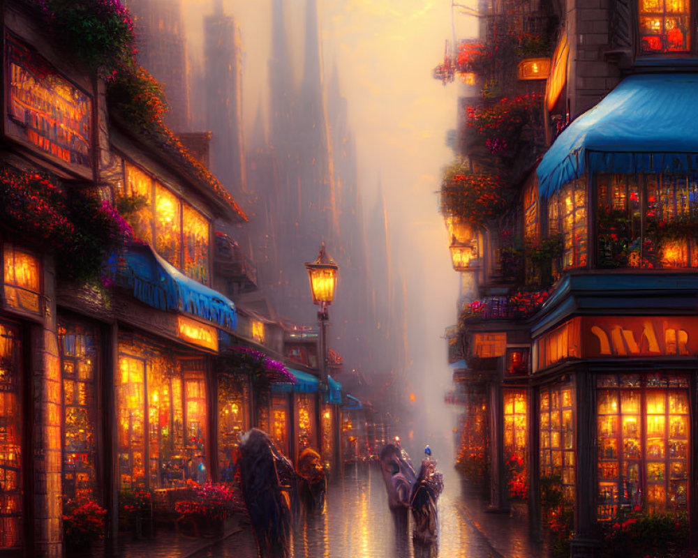 Colorful store fronts and warm lights illuminate a picturesque dusk street scene with a person walking and wet cob