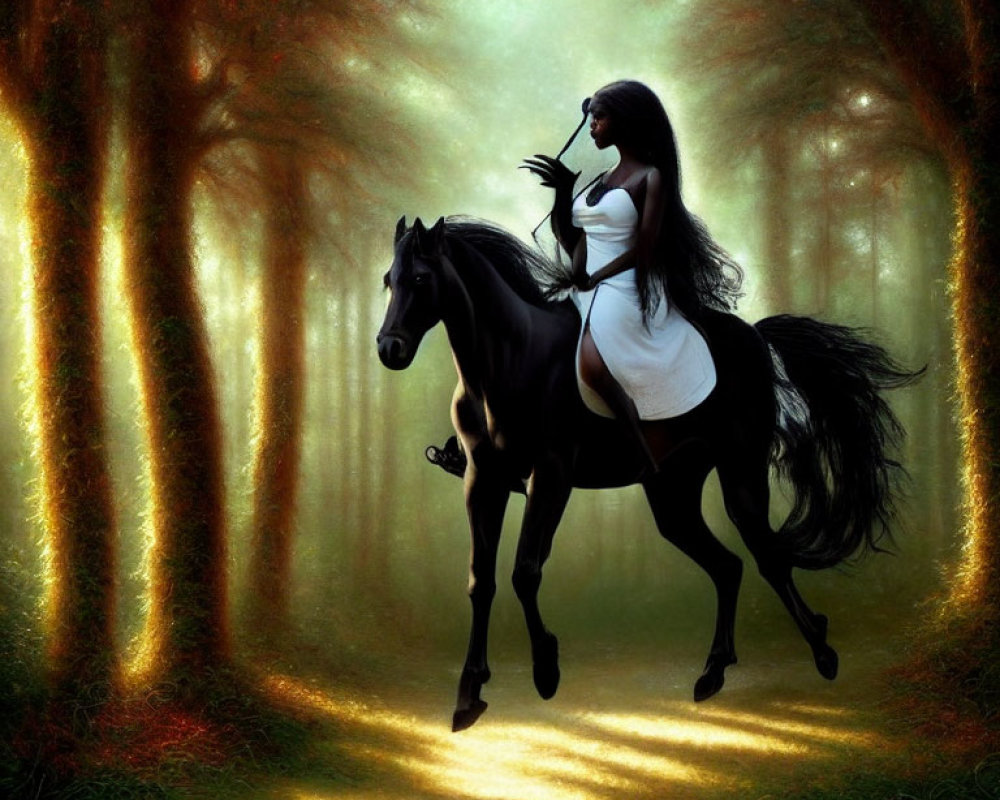 Woman in white dress riding black horse through mystical forest with sunbeams.