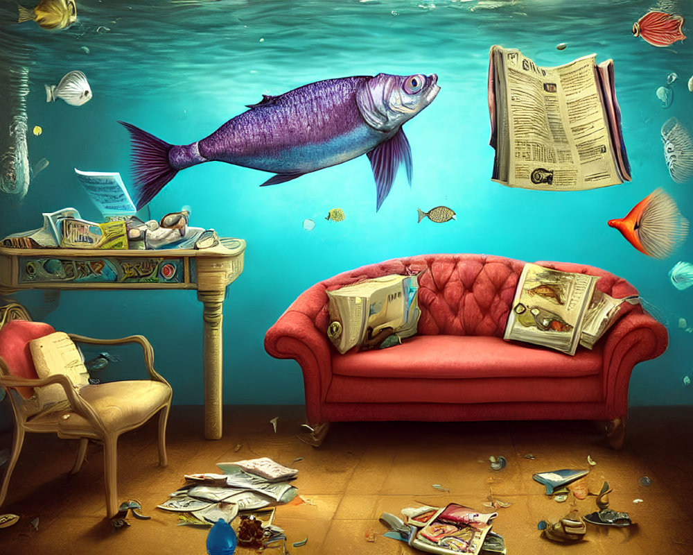 Underwater scene with fish and furnished room elements.