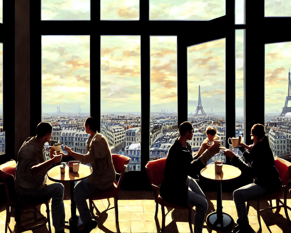 Cityscape cafe with panoramic view of Eiffel Tower