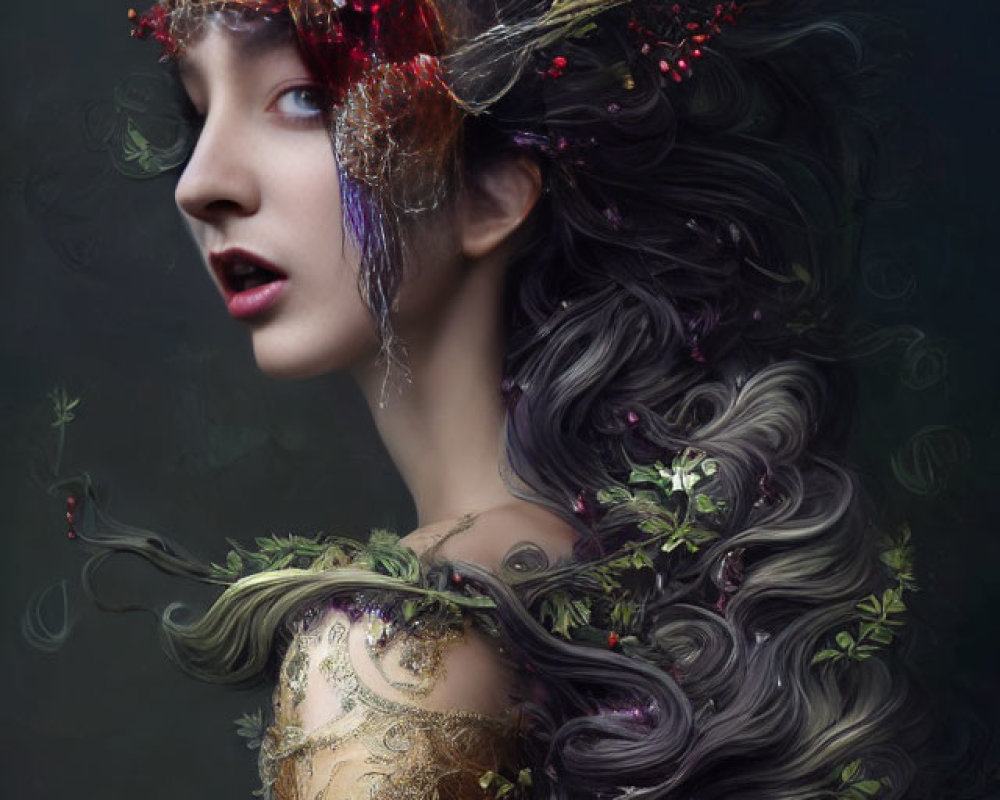 Elaborate fantasy makeup woman with dark hair, gold accents, and berries on dark background