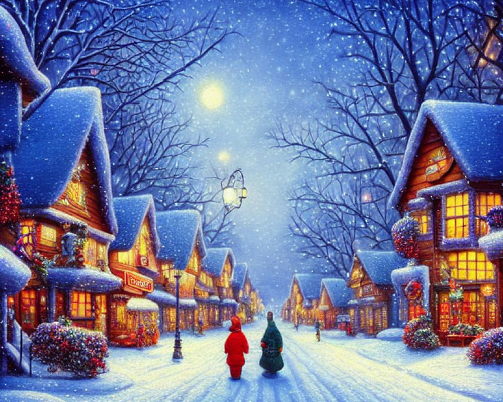 Snowy Village Street at Night with Festive Decorations and Two People Walking