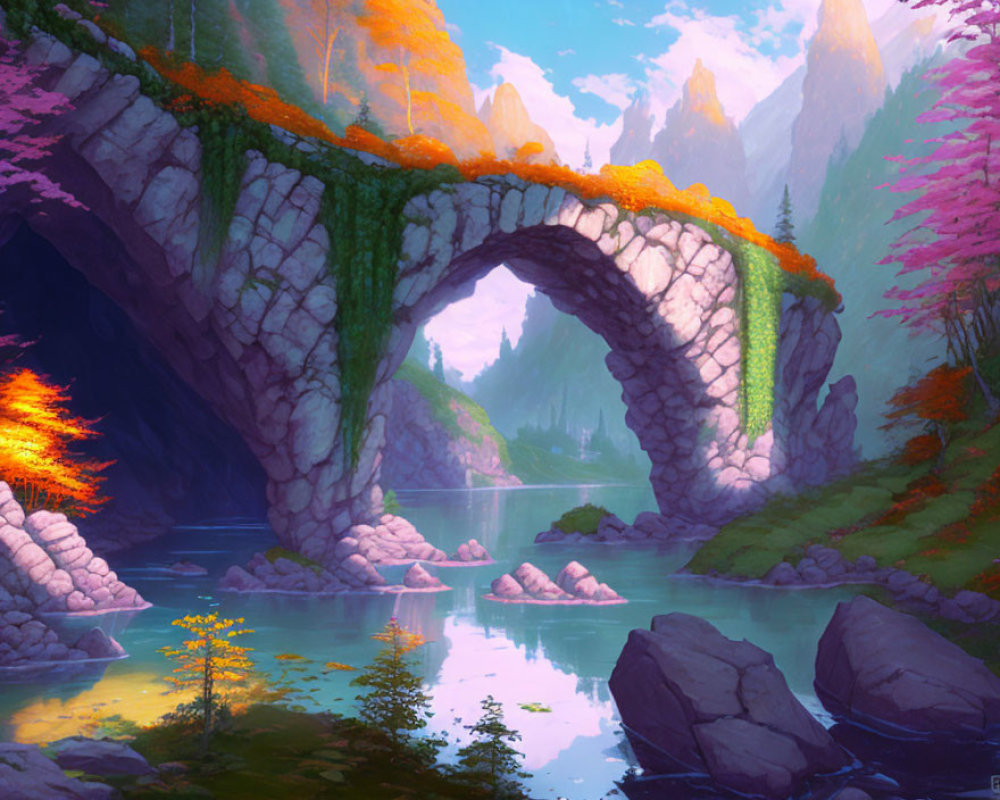 Fantasy landscape with stone bridge, river, autumn trees, and misty forest