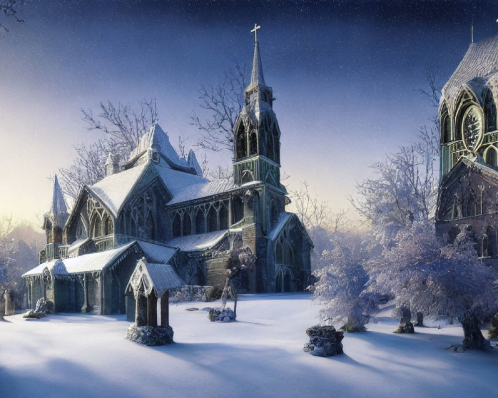 Gothic-style church in winter twilight with snow-covered trees