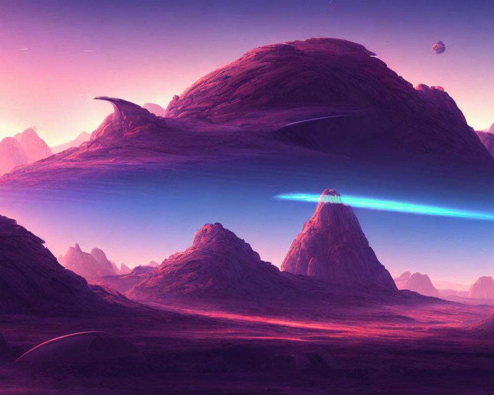 Surreal sci-fi landscape with purple hues and alien terrain