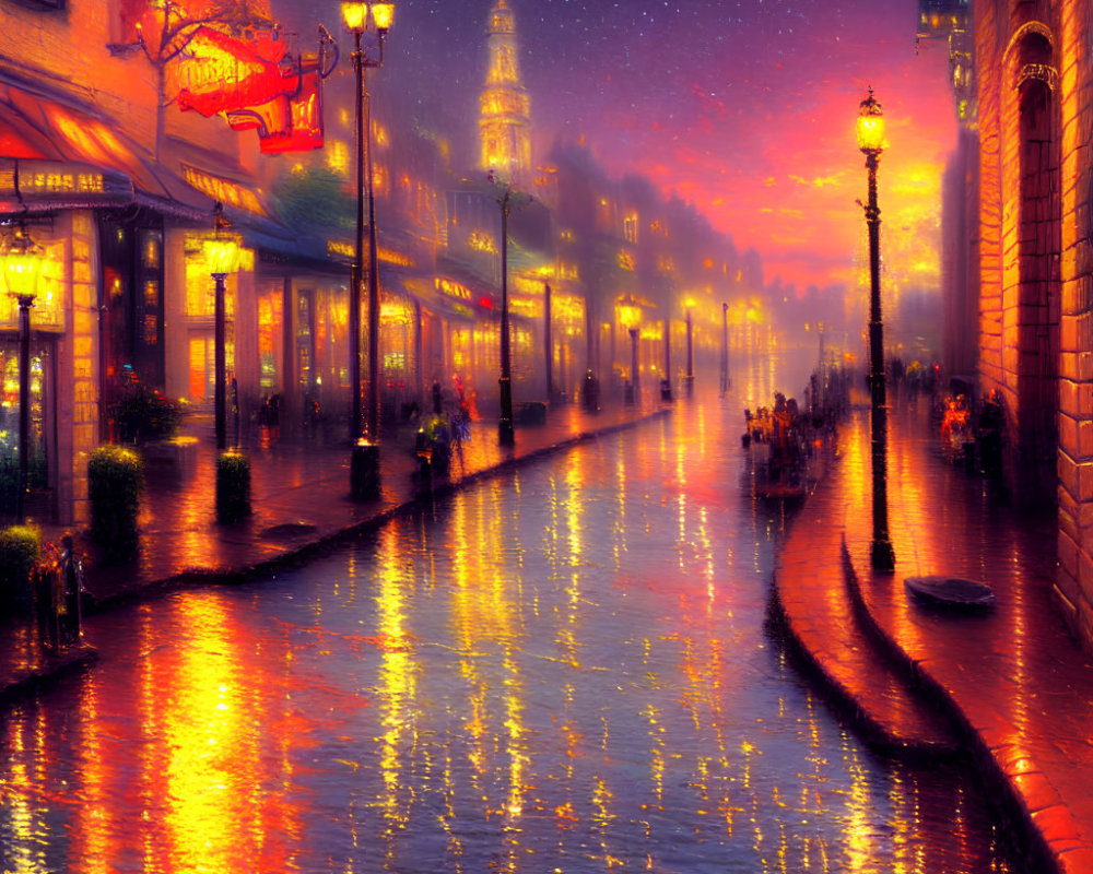 Vibrant dusk street scene with illuminated buildings on wet cobblestone.