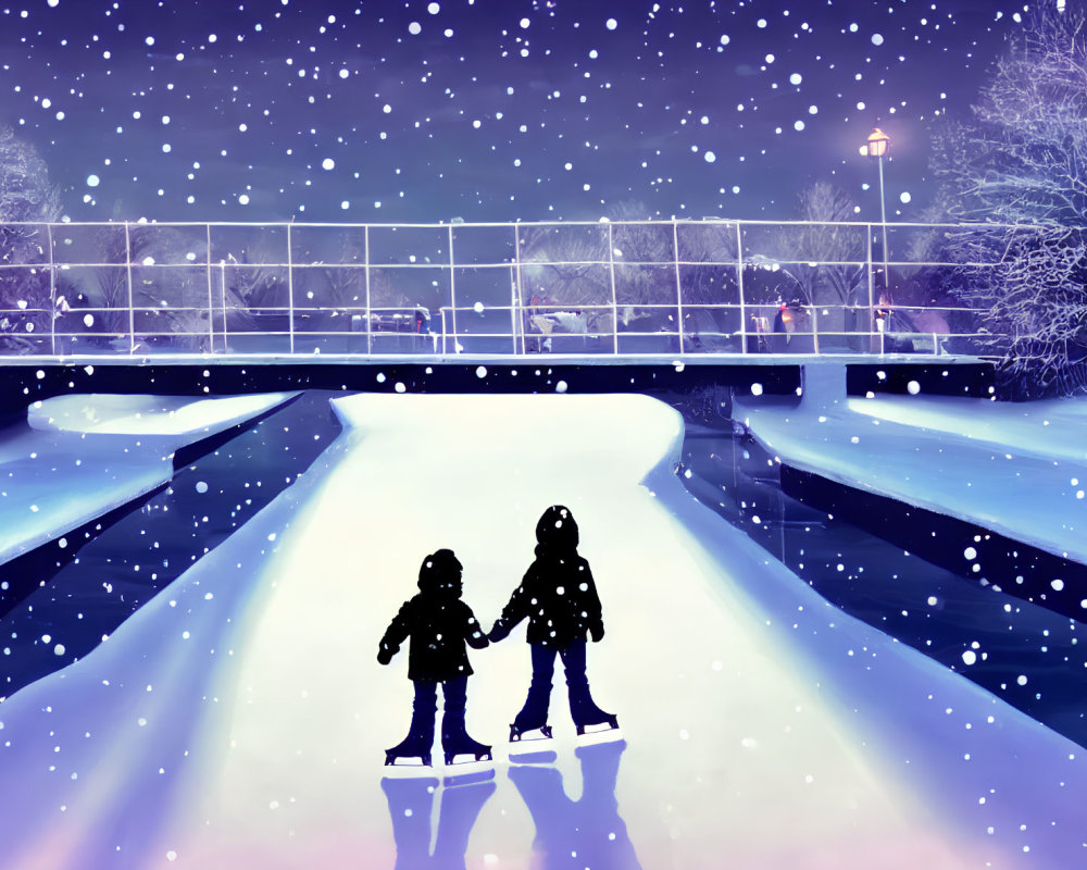 Couple ice skating under bridge with falling snowflakes at night