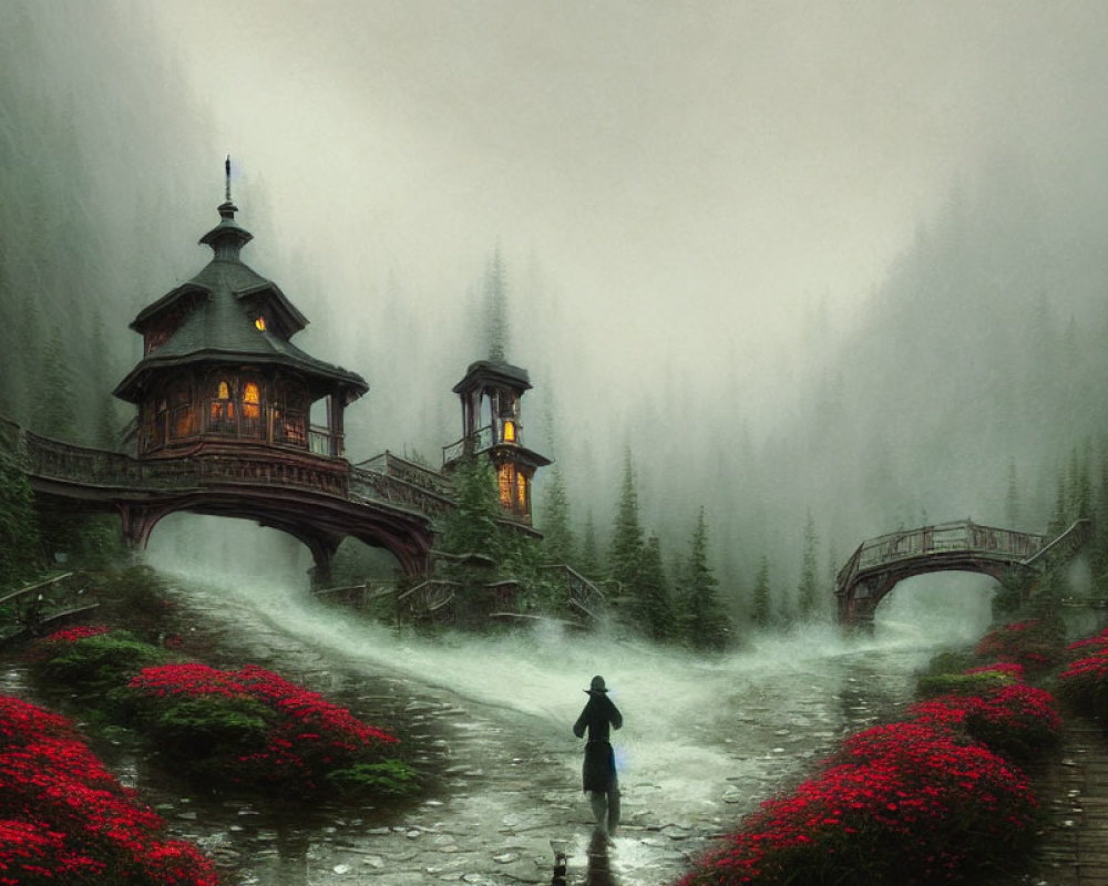 Lone figure walking to ornate wooden house with red flowers and foggy forest.