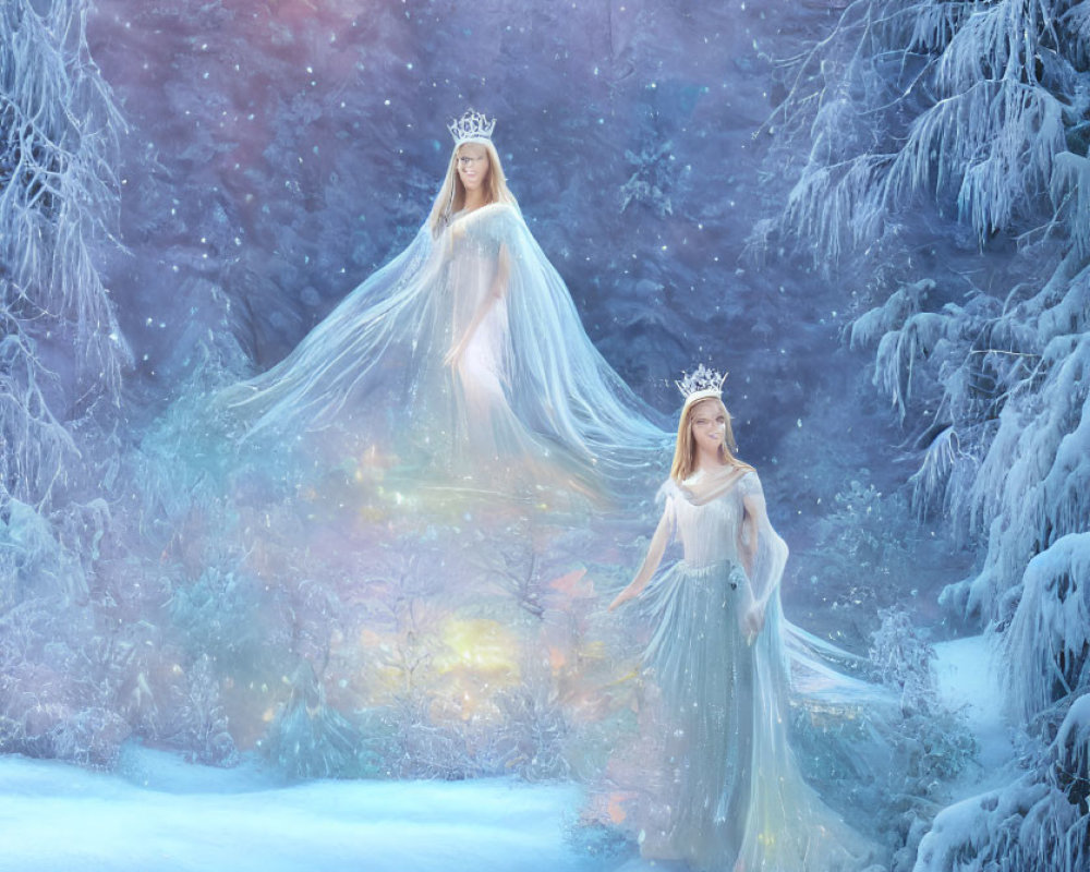 Ethereal women in snowy forest with glowing light