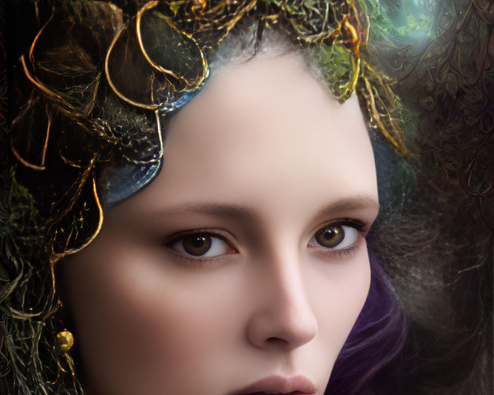 Portrait of Woman with Fair Skin and Dark Hair in Nature-Inspired Headdress