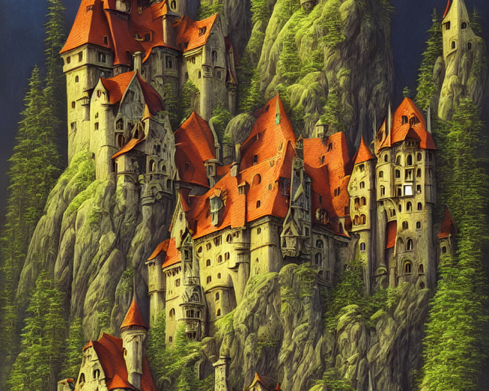 Multi-tiered castle with orange roofs on mountain surrounded by lush greenery and pine-clad peaks