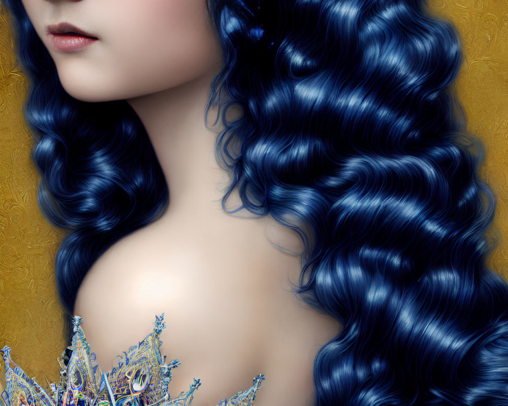 Portrait of Woman with Intricate Blue Hair and Elaborate Floral Jewelry