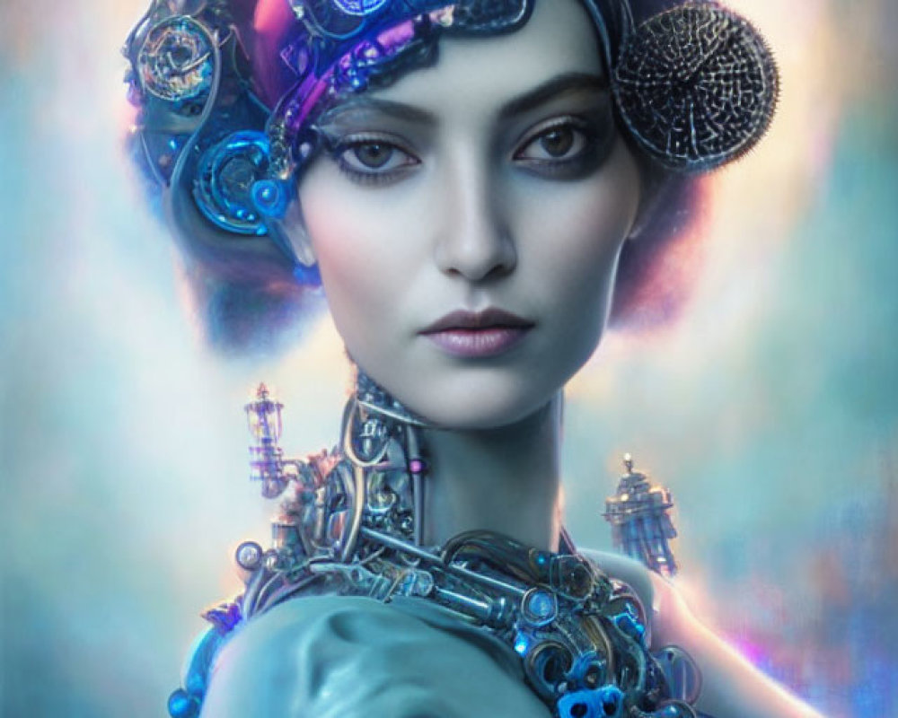 Female cyborg portrait with intricate mechanical parts and glowing blue elements on a soft blue background