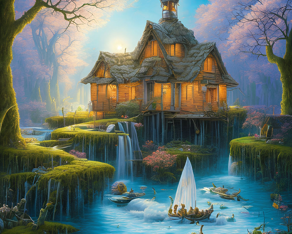 House on Waterfall with Geese and Sunlight in Lush Setting