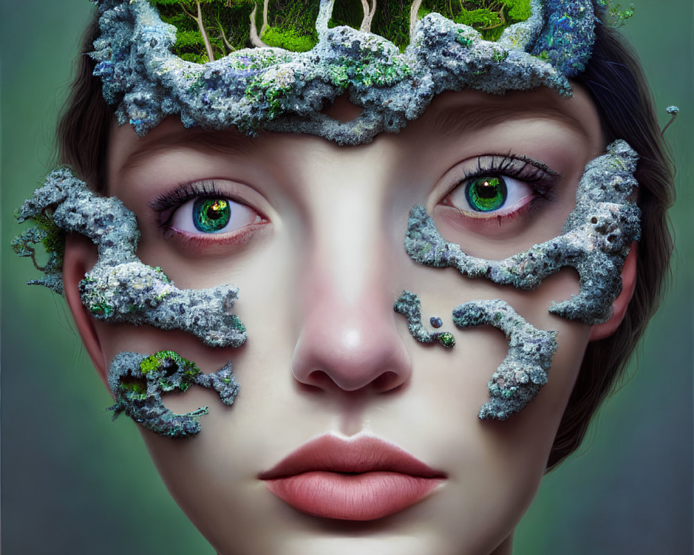 Person with Vibrant Green Eyes Surrounded by Forest Ecosystem in Digital Art