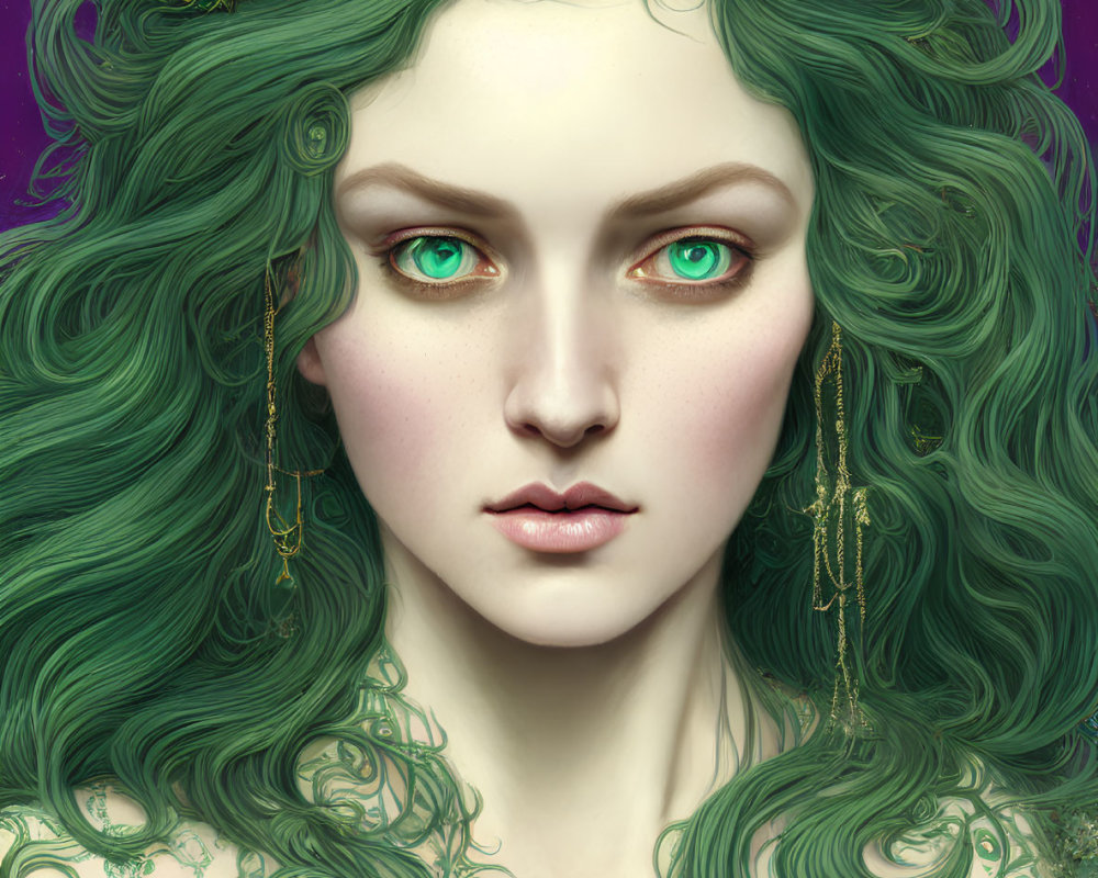 Portrait of Woman with Emerald Green Eyes and Nature-Themed Crown