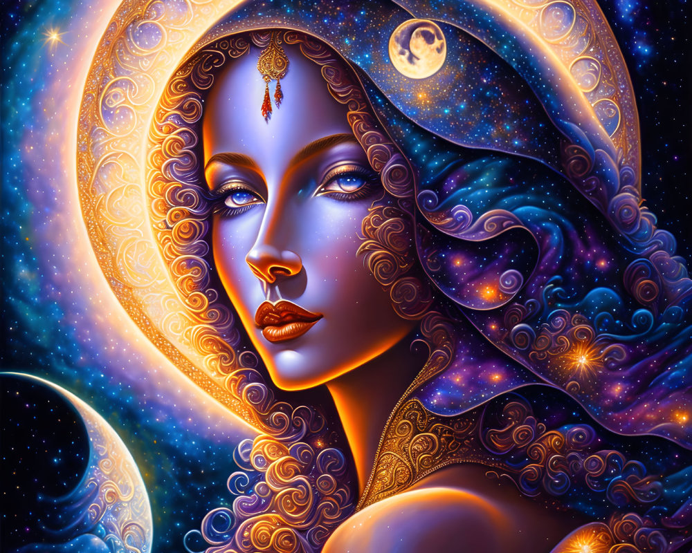 Cosmic-themed illustration of a woman with celestial jewelry surrounded by stars and planets